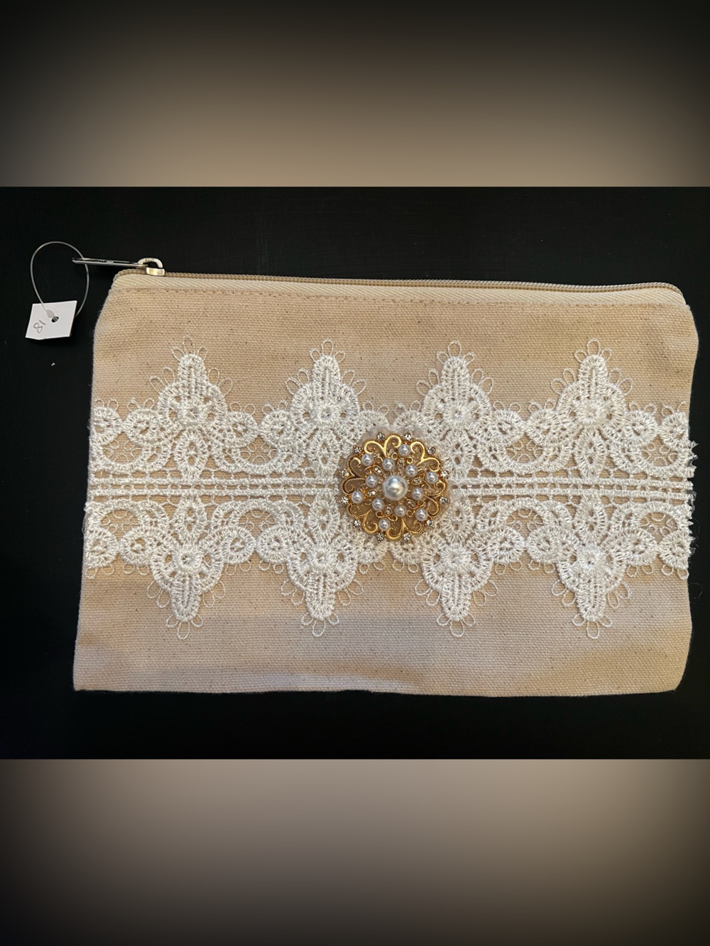 Beige Lace Zip Purse Pouch with Gold Pearl Brooch